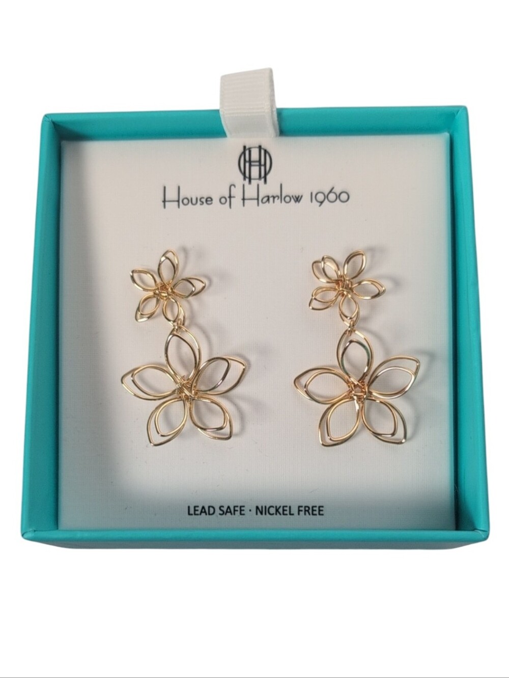 House of Harlow 1960 Wire Double Flower Dangle Earrings Gold Tone